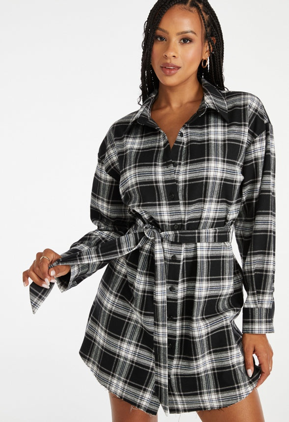Tie Waist Mini Shirt Dress Black Tonal Plaid