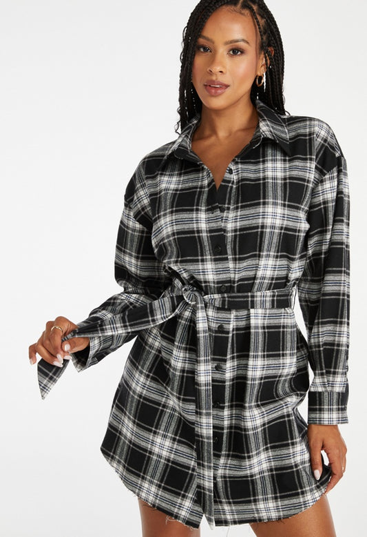Tie Waist Mini Shirt Dress Black Tonal Plaid