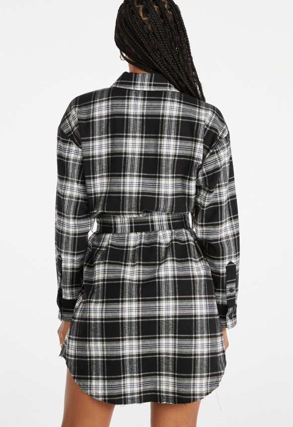 Tie Waist Mini Shirt Dress Black Tonal Plaid