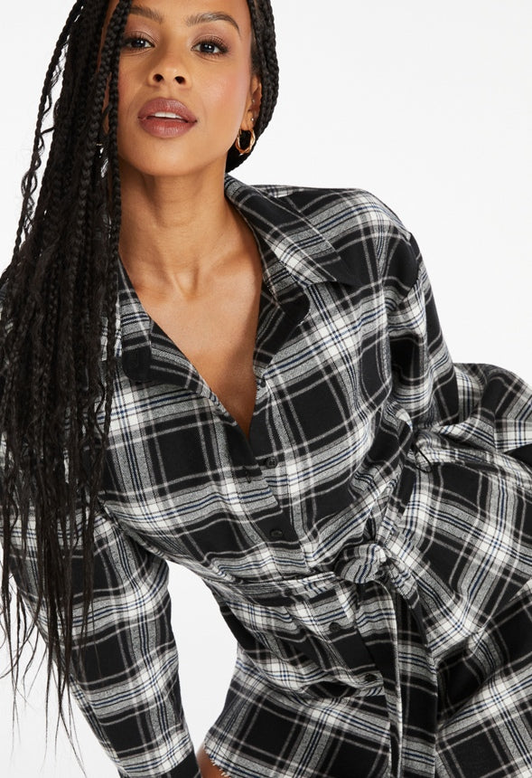 Tie Waist Mini Shirt Dress Black Tonal Plaid
