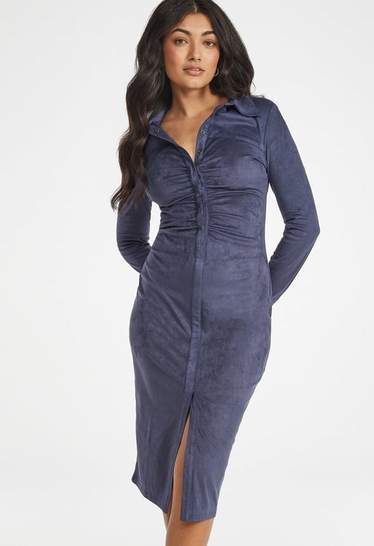 Faux Suede Midi Shirt Dress Vintage Indigo