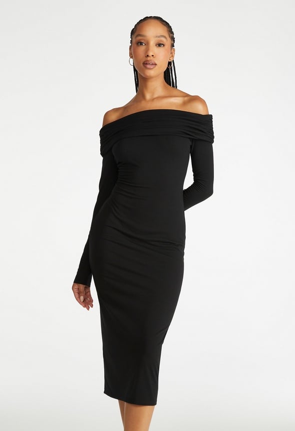Off Shoulder Knit Midi Dress Black Caviar