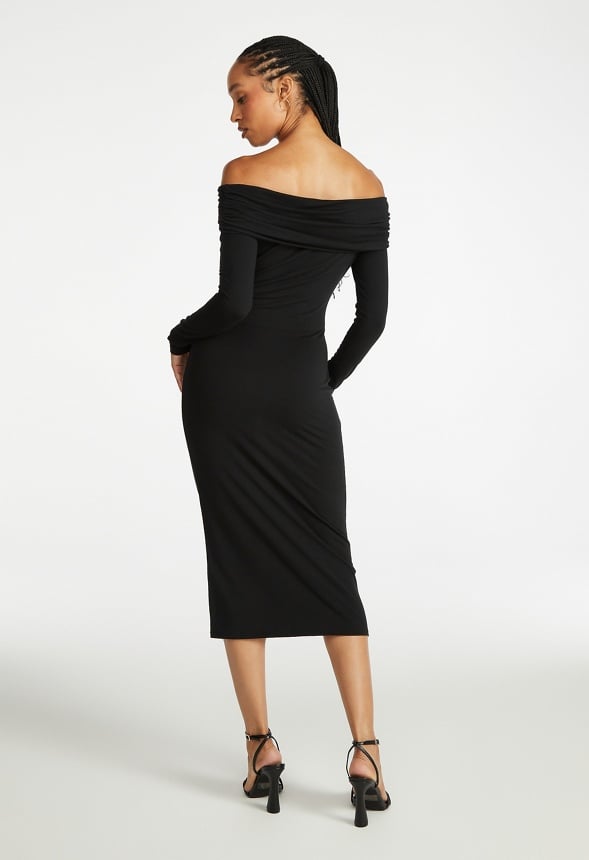 Off Shoulder Knit Midi Dress Black Caviar