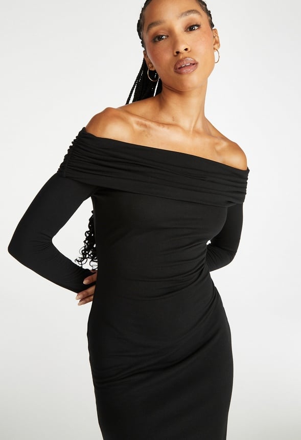 Off Shoulder Knit Midi Dress Black Caviar