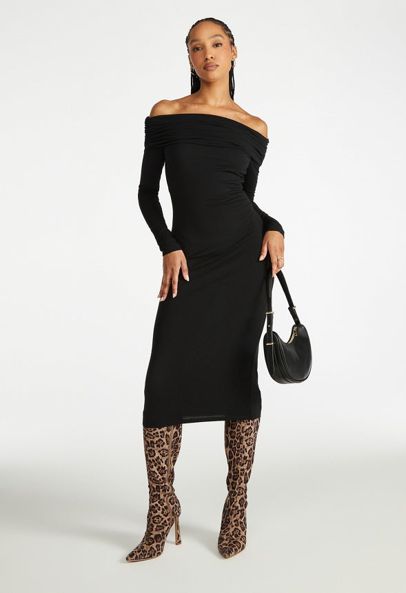 Off Shoulder Knit Midi Dress Black Caviar