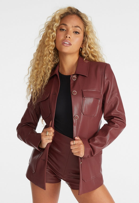 Faux Leather Utility Jacket Tibetan Red