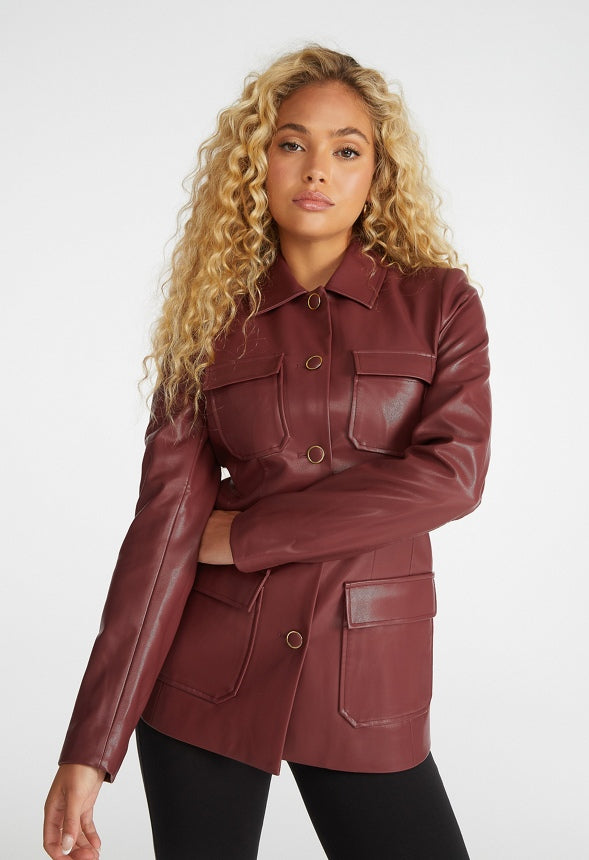 Faux Leather Utility Jacket Tibetan Red