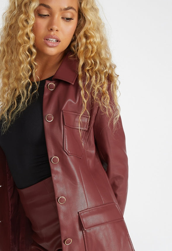 Faux Leather Utility Jacket Tibetan Red