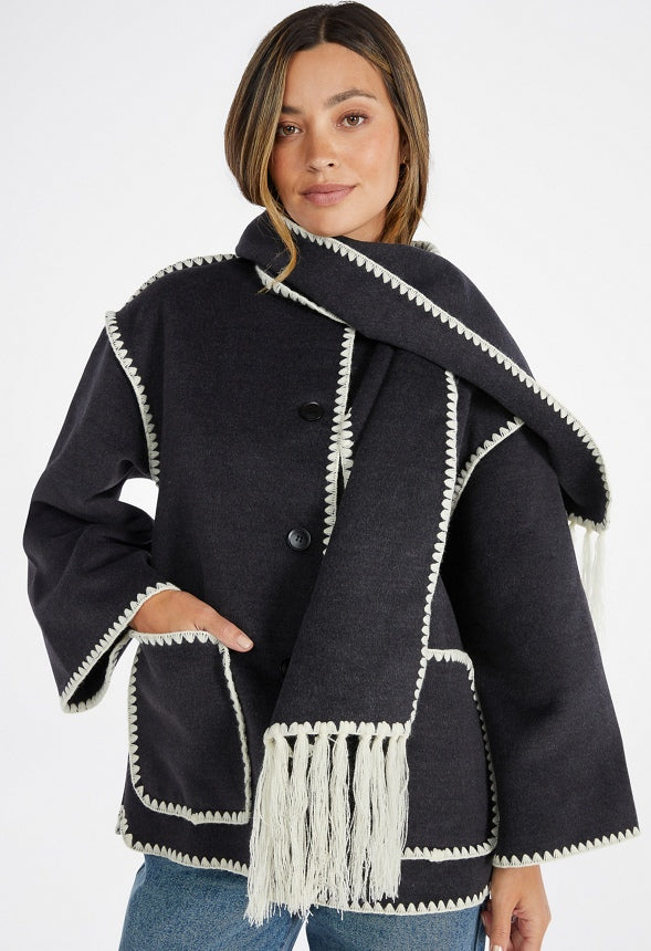 Whip Stitch Scarf Coat Dark Charcoal Heather