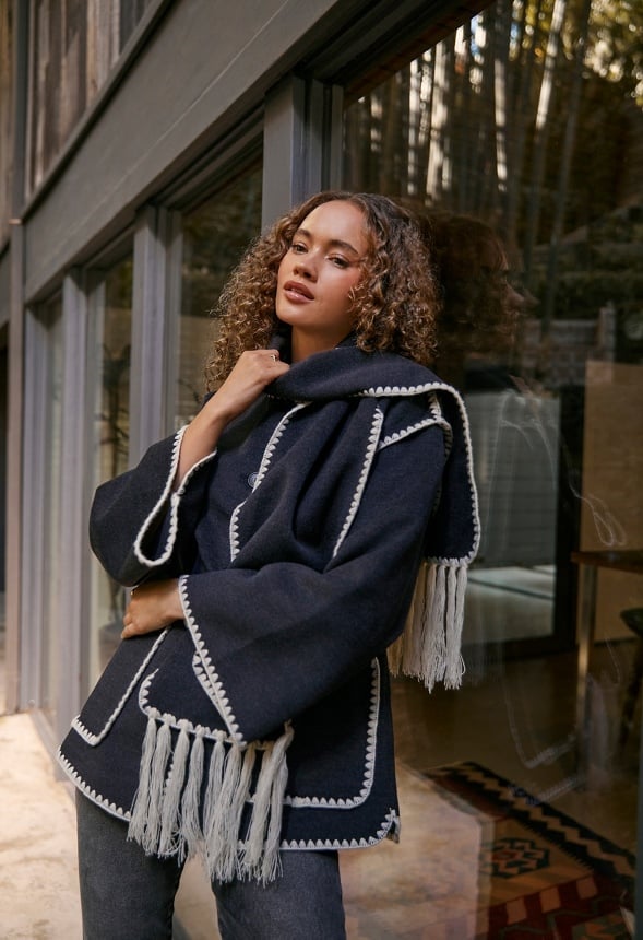 Whip Stitch Scarf Coat Dark Charcoal Heather