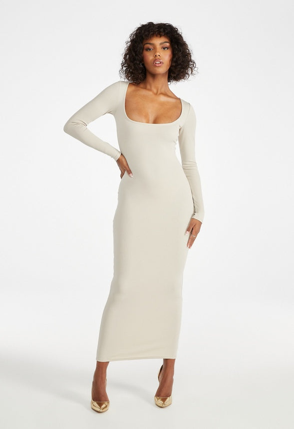Long Sleeve Knit Dress Light Beige