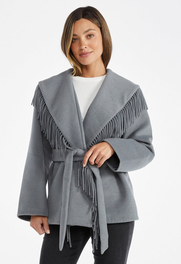 Belted Fringe Coat Medium Heather Grey