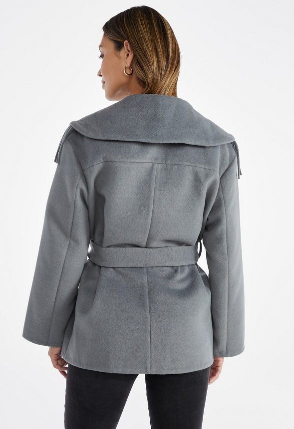 Belted Fringe Coat Medium Heather Grey