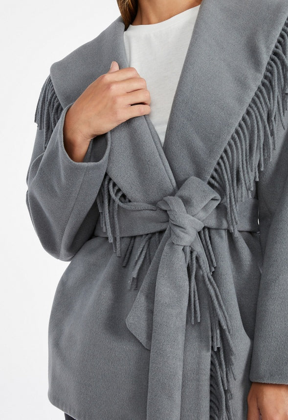 Belted Fringe Coat Medium Heather Grey