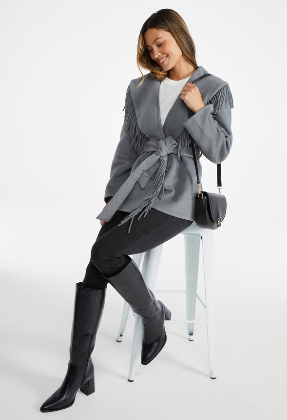 Belted Fringe Coat Medium Heather Grey