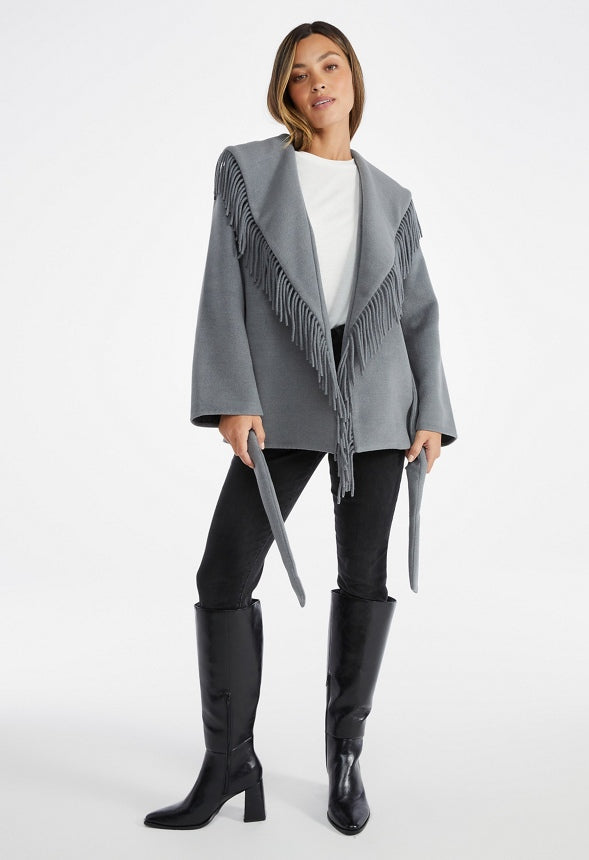 Belted Fringe Coat Medium Heather Grey
