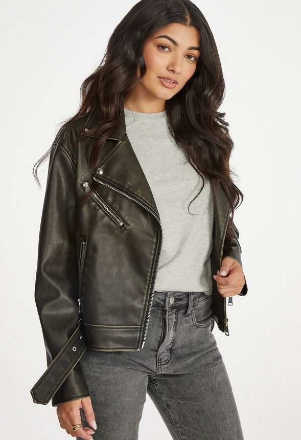 Oversized Faux Leather Moto Distressed Brown