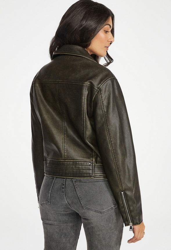 Oversized Faux Leather Moto Distressed Brown