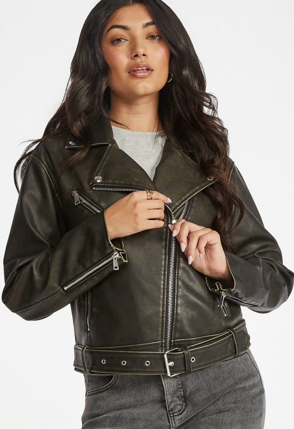Oversized Faux Leather Moto Distressed Brown