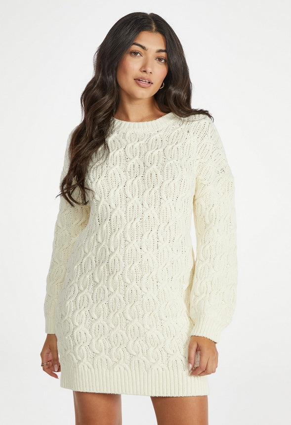 Cable Long Sleeve Mini Dress Birch White