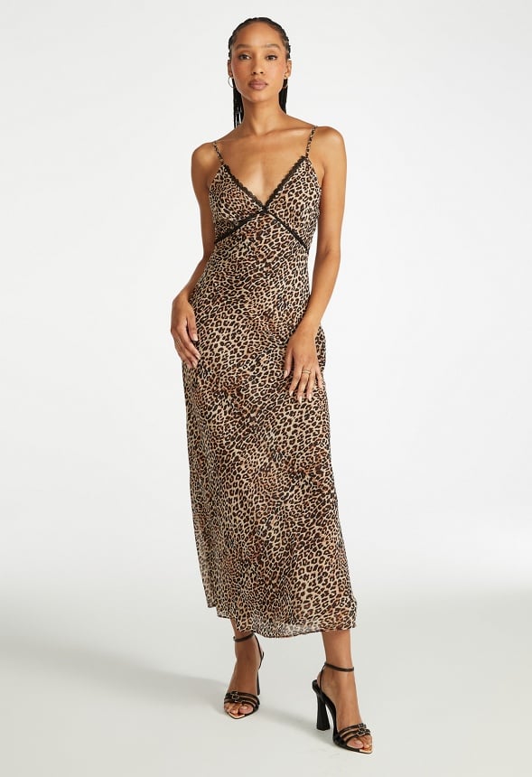 Lace Trim Maxi Slip Dress Leopard