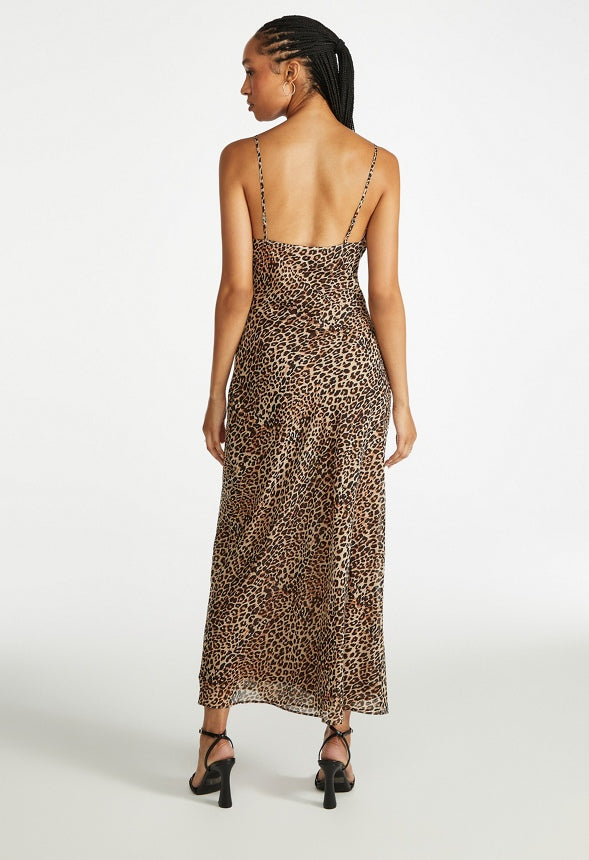 Lace Trim Maxi Slip Dress Leopard