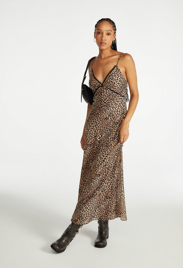 Lace Trim Maxi Slip Dress Leopard