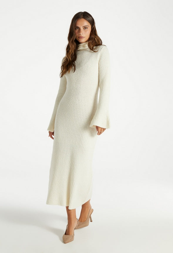 Turtleneck Bell Sleeve Midi Dress Marshmallow White