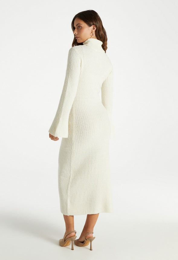 Turtleneck Bell Sleeve Midi Dress Marshmallow White