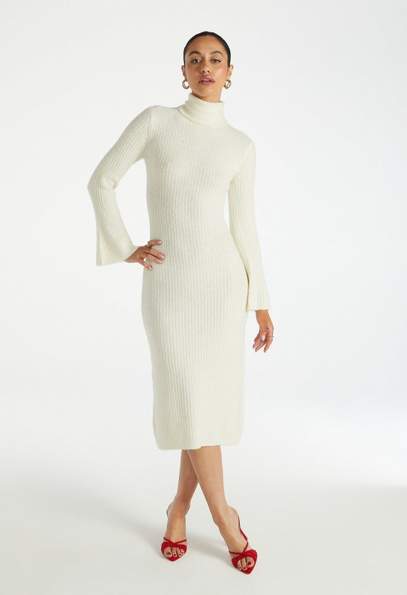 Turtleneck Bell Sleeve Midi Dress Marshmallow White