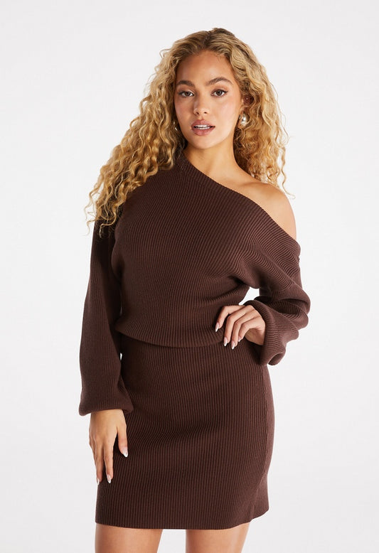 Off Shoulder Mini Dress Coffee