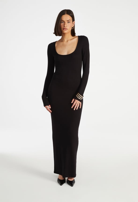 Square Neck Long Sleeve Maxi Dress Black Caviar
