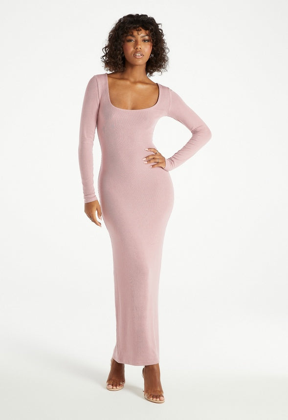 Square Neck Long Sleeve Maxi Dress Lilas Pink