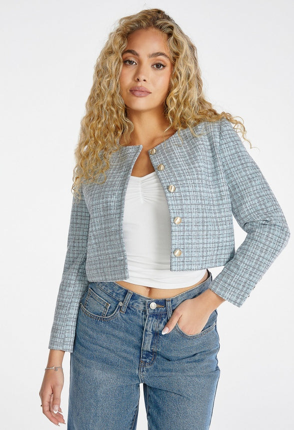 Cropped Tweed Blazer Blue Tonal