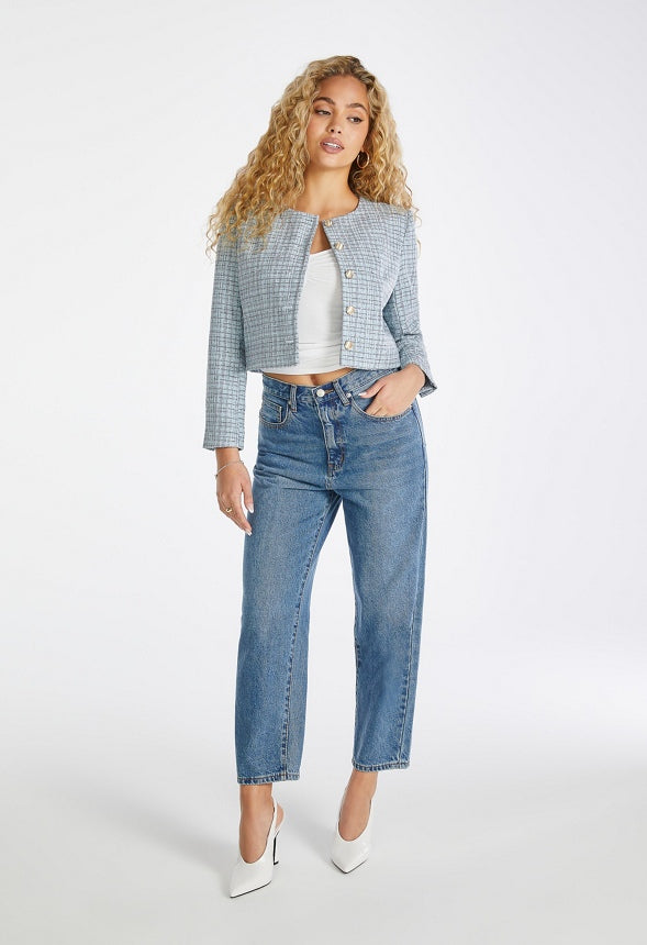 Cropped Tweed Blazer Blue Tonal