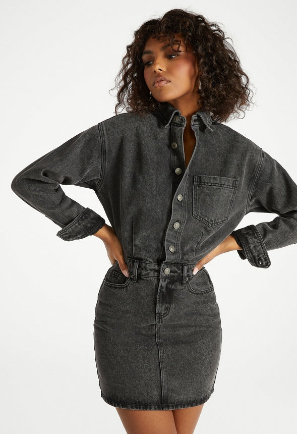 Denim Long Sleeve Mini Dress Mascara
