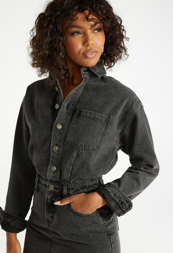 Denim Long Sleeve Mini Dress Mascara