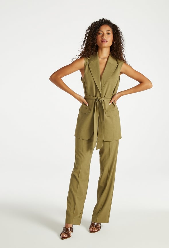 Longline Belted Vest Olive Green
