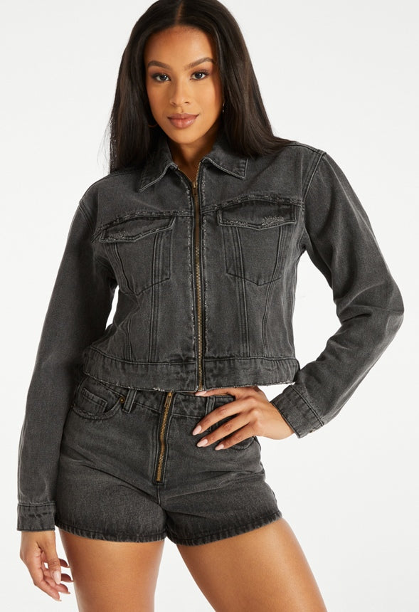 Zip Cropped Denim Jacket Mascara