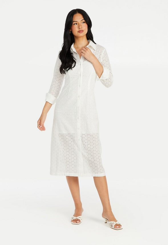 Button Down Eyelet Midi Dress Marshmallow White