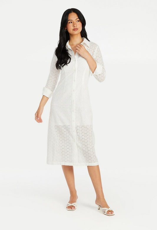 Button Down Eyelet Midi Dress Marshmallow White