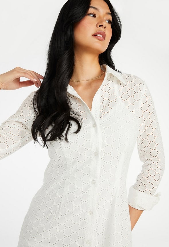Button Down Eyelet Midi Dress Marshmallow White