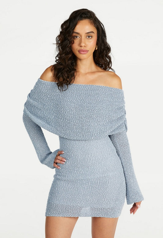Off The Shoulder Long Sleeve Mini Dress Skyway Blue