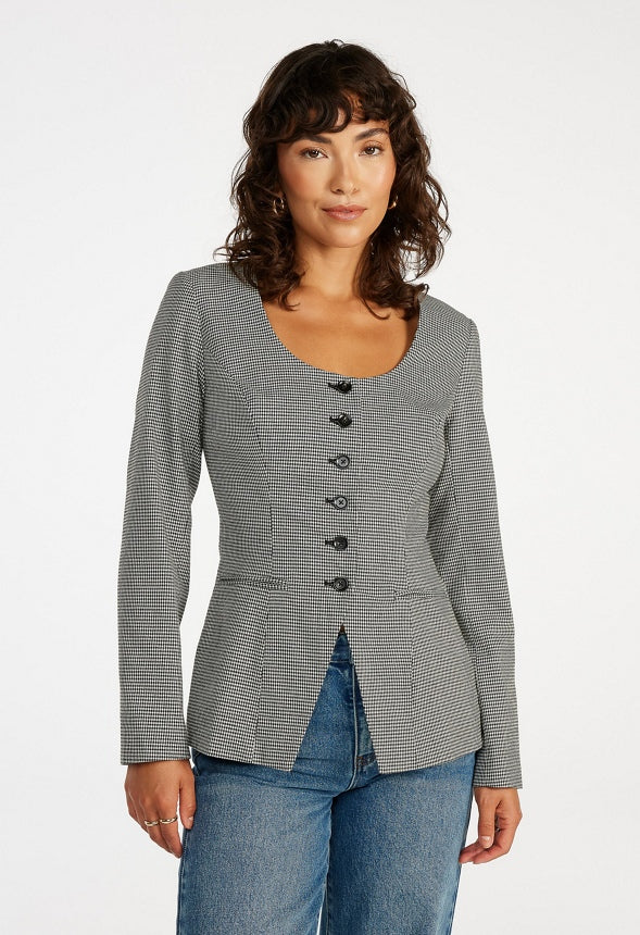 Scoop Neck Hourglass Blazer Black/ White Houndstooth