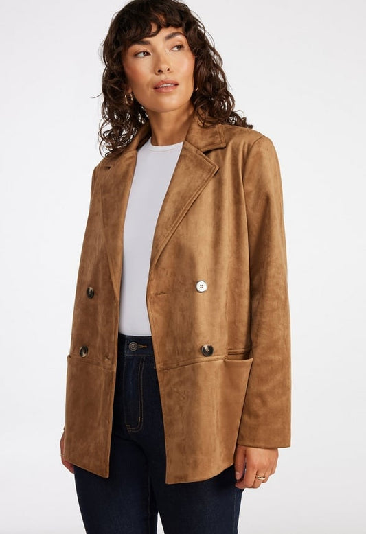 Faux Suede Double Breasted Blazer Caramel