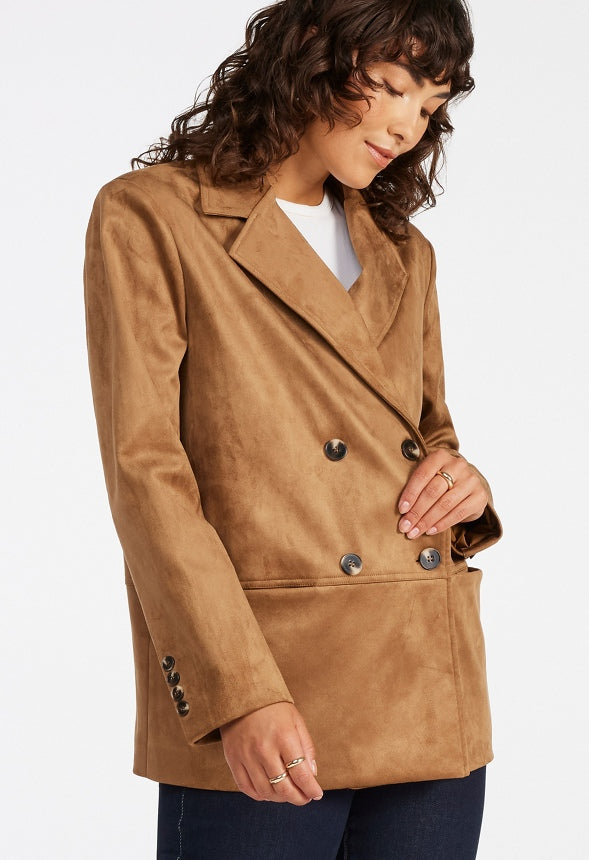 Faux Suede Double Breasted Blazer Caramel