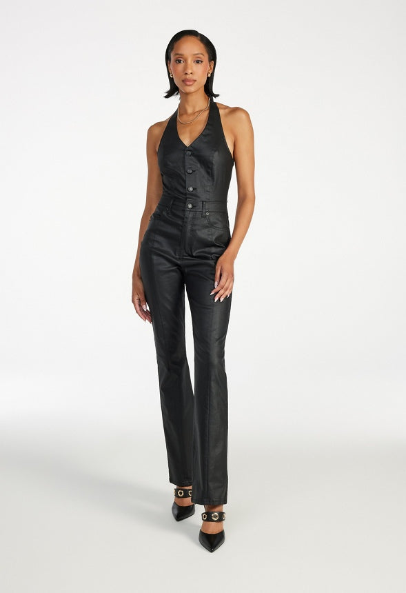 Halter Coated Denim Jumpsuit Tar