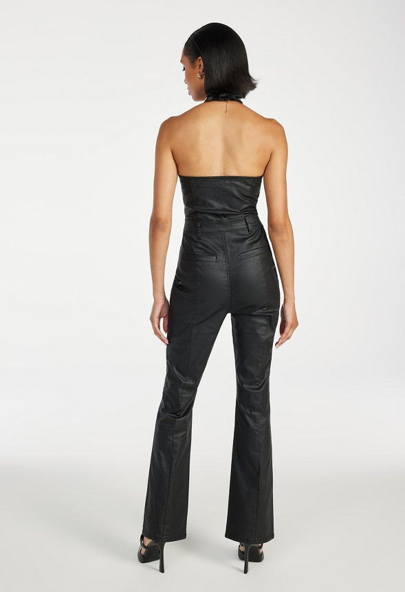 Halter Coated Denim Jumpsuit Tar