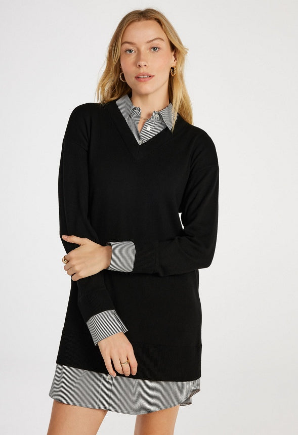 Combo Shirt Mini Dress Black Caviar/ Stripe