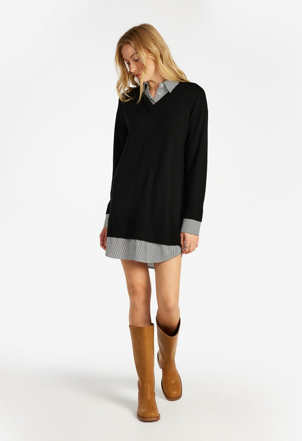 Combo Shirt Mini Dress Black Caviar/ Stripe